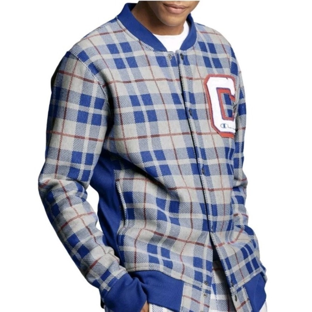 Champion Reverse Weave Baseball Plaid Jacket Blue Grey Men M Varsity Retro Coat